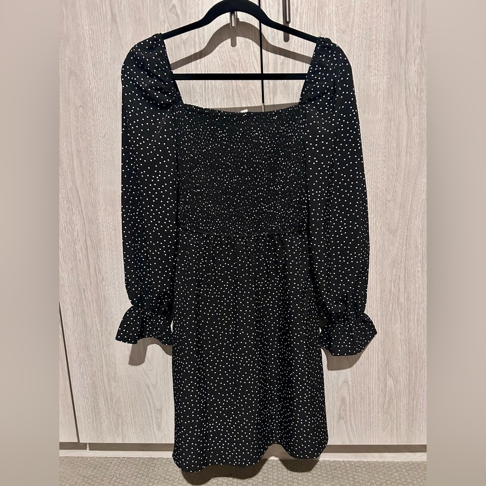 Womens Polka Dot Long Sleeve High Waist Smocked Ruffle Swing Short Dress - L